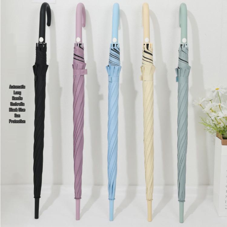 Custom Logo Automatic Umbrella with Straight and Curved Handles – Black UV Protection for Sun and Rain