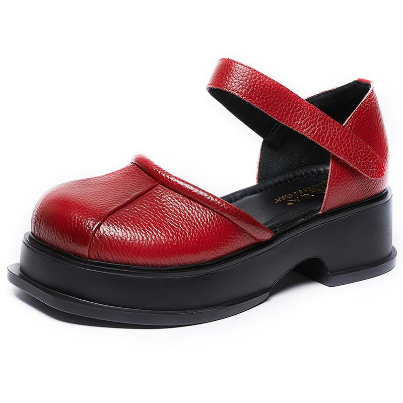 Fashion GKTINOO  Platform Sandals Women Hook&Loop Round Toe Genuine Leather Roman Casual Thick Soled Summer Ladies Shoes
