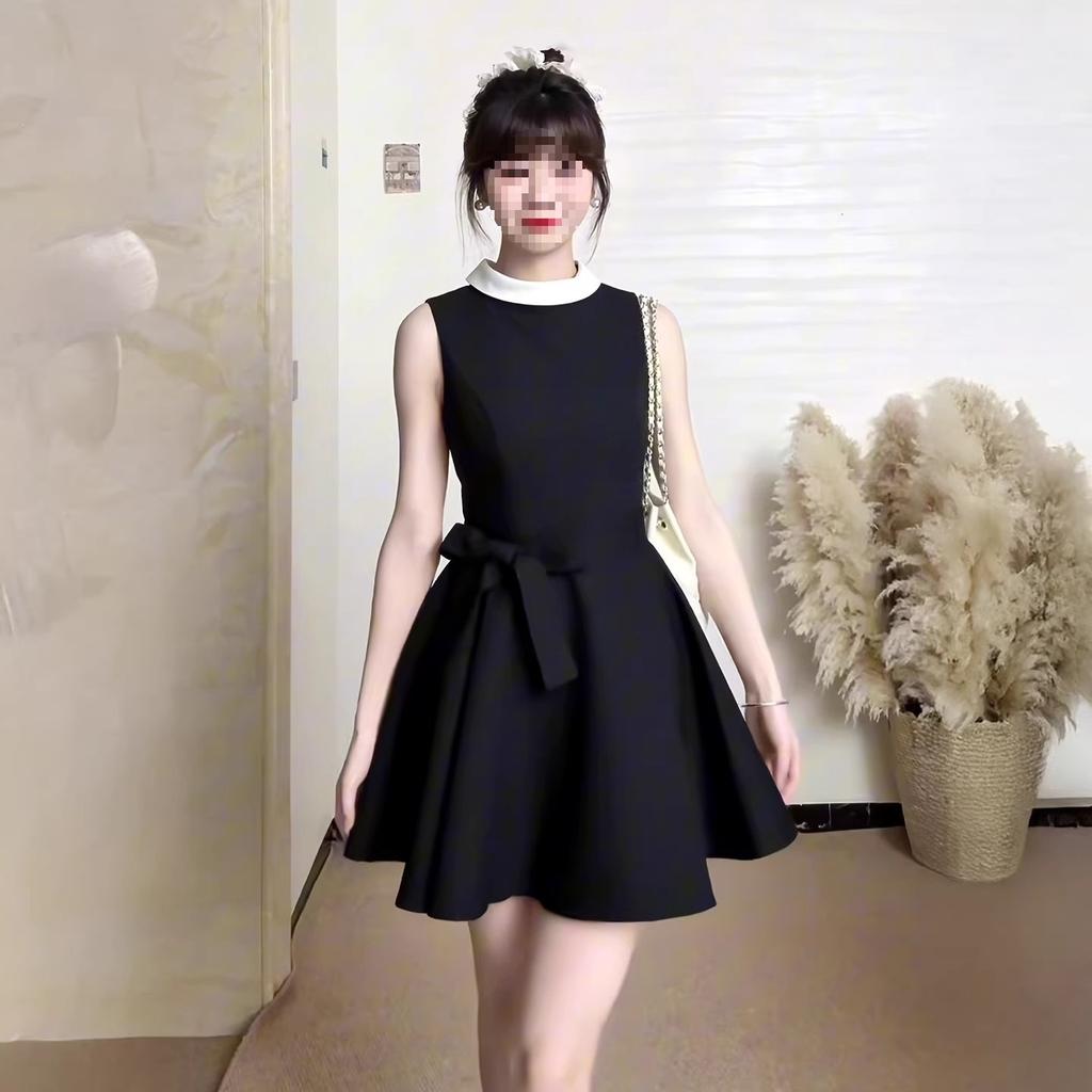 Lined Hepburn Style Sleeveless Black Dress Women's Waist A-shaped Skirt Thousand Gold High-end Skirt Summer New