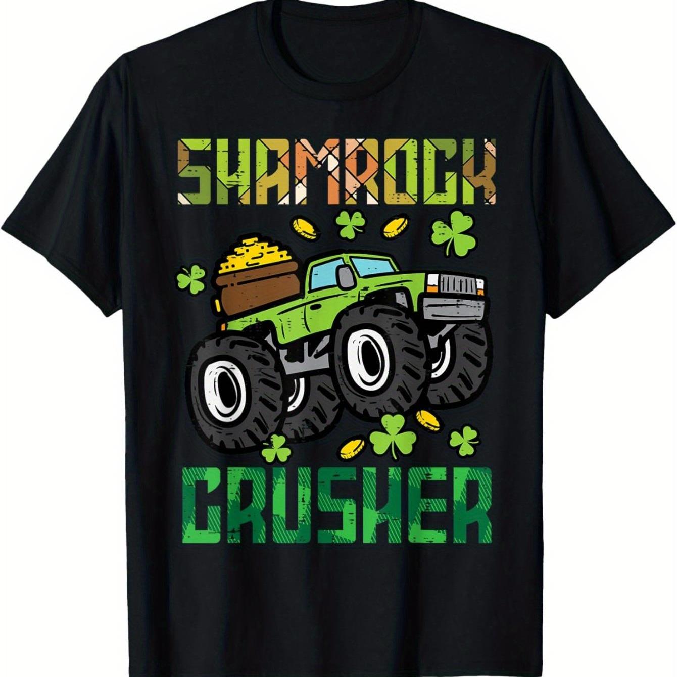 Shamrock Crusher Monster Truck St Patrick Day Graphic Tee Men Casual Cotton T-Shirt 4XL