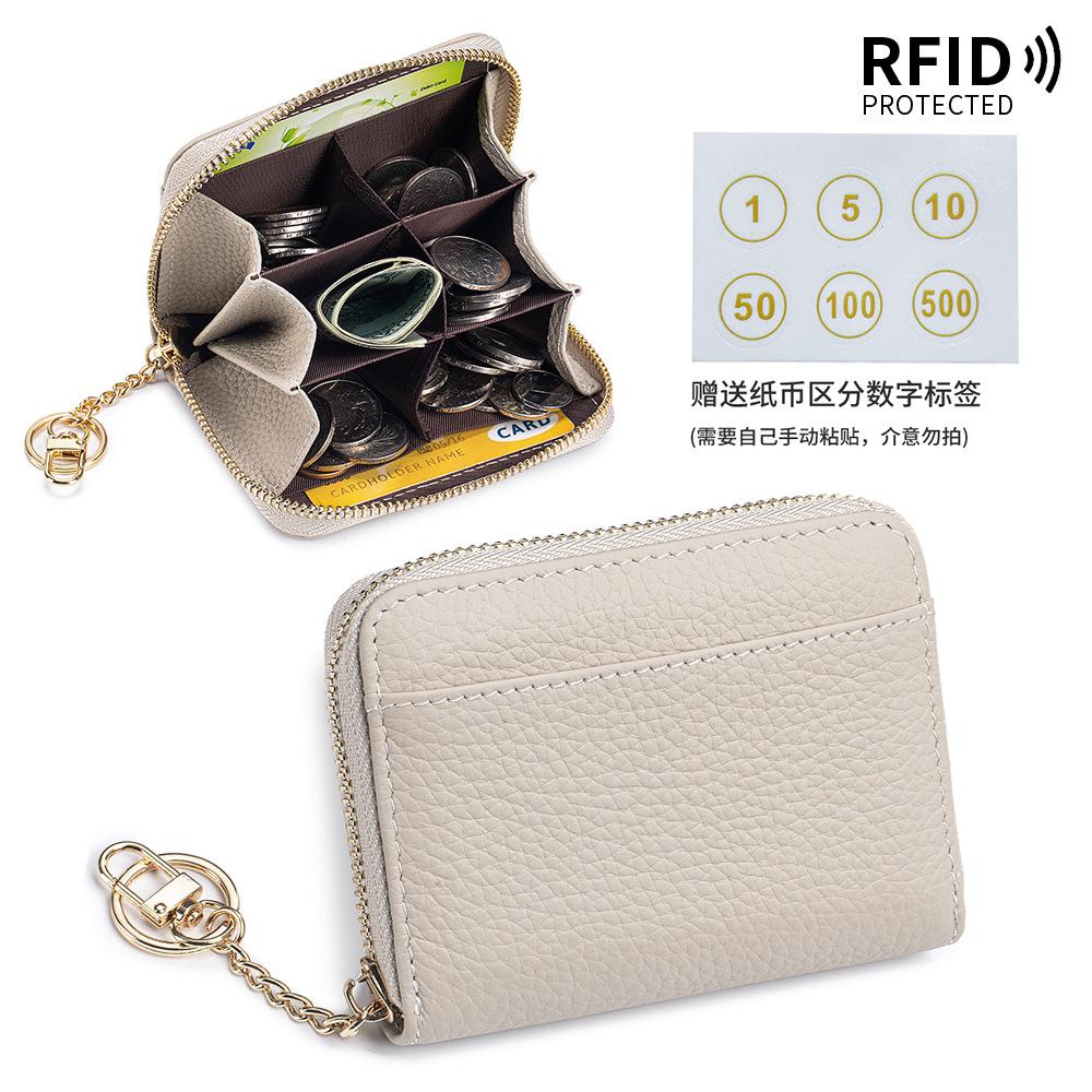 New First-layer Cowhide Short Partition Layer Coin Change Bag RFID Japanese Multi-functional Mini Wallet Women