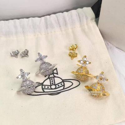 2025 Westwood Sparkling Diamond Saturn Stud Earrings: Women's Luxury Punk Style, Three-Dimensional, Half-Sided Design.