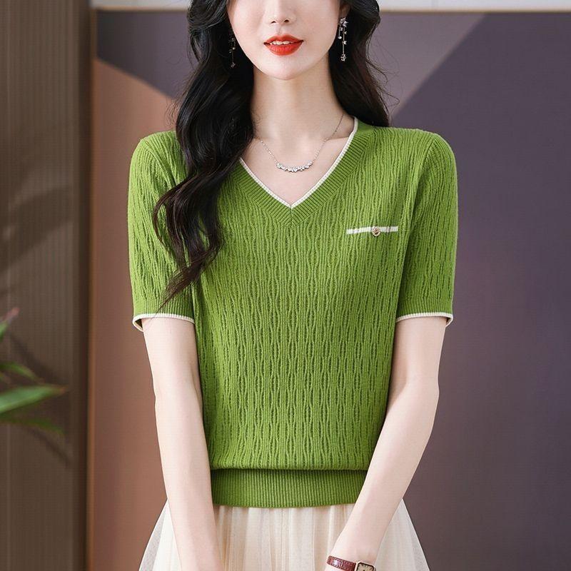 New Summer Women's V-neck Short-sleeved Loose T-shirt Knitted Sweater Hollow Thin Fashion Top