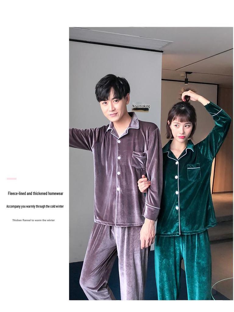 Couple's Gold Velvet Pajamas: Thin Fleece Two-Piece Set for Women & Men - Long Sleeve, Solid Color, Perfect for Spring & Autumn Homewear