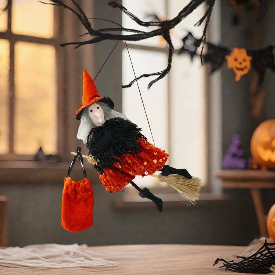 Halloween Hanging Witch Decor Hangable Witch Doll Ornament Small Flying Witch Figurine On A Broom for Garden Yard Haunted House Halloween Decor