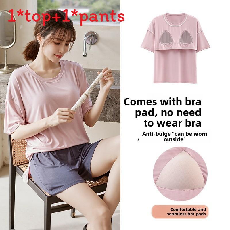 Womens Summer Sleep Suit With Round Neck Short Sleeve Top And Shorts For Relaxed Lounge Wear