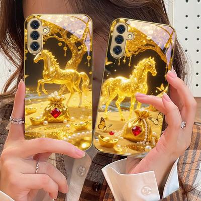 Złoty Koń Bojowy Dla Samsung Galaxy S20 FE S21 S22 S23 Plus S24 Ultra 25Ultra S21+ S9+ S22Plus Złote szklane etui na telefon