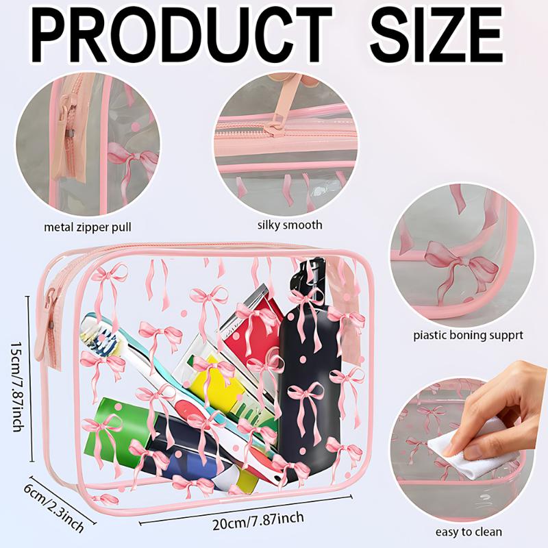 All Over Print Waterproof Pvc Nylon Pouch Bows Makeup Bag Transparent Toiletry Zipper Pouch Bow Clear Cosmetic Bags