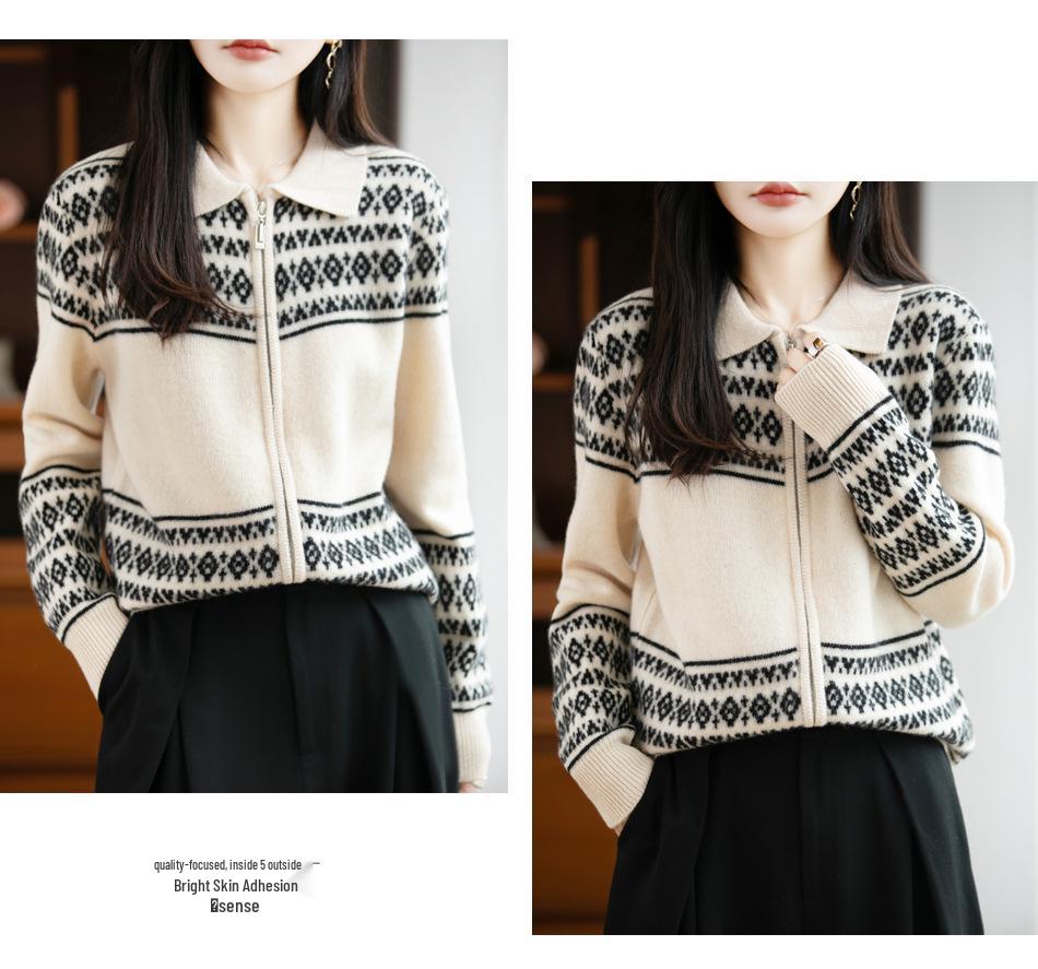 Elegant Jacquard Wool Double-Zip Cardigan, Slim-Fit Outerwear for Autumn/Winter