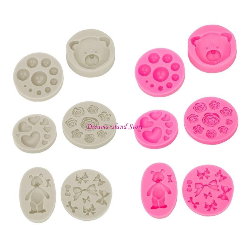 6pcs Bear Heart Bowknot Shaped Fondant Cake Silicone Mold Pastry Chocolate Mould Candy Ice Cream Mold DIY Baking Tool HX6C