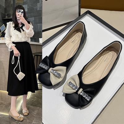 Women's Rhinestone Flats With Bow Knot Square Toe Faux Leather Shoes Work Flats Comfortable Slip On Low Heel Dressy Loafers for Women Wedding