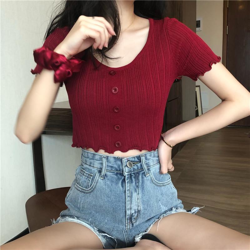 Solid Color Wood Ear Edge Summer Short Knit Round Neck Lace Short-sleeved Women's Top Slim Thin Knitwear Casual Essential Slim Fit Pullovers Tees