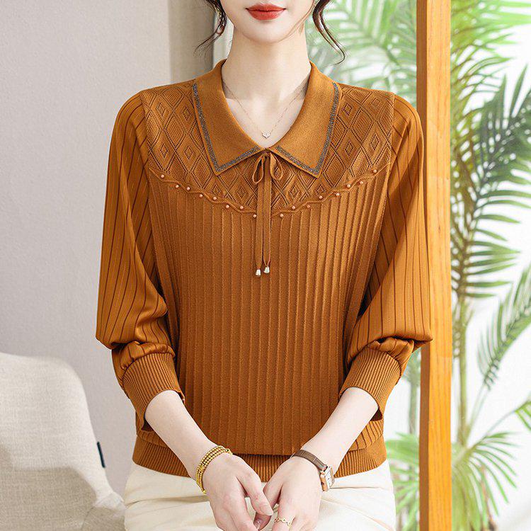 Elegant Retro-Style Women's Knit Top with Lapel Design - Fashionable and Casual for Spring and Autumn