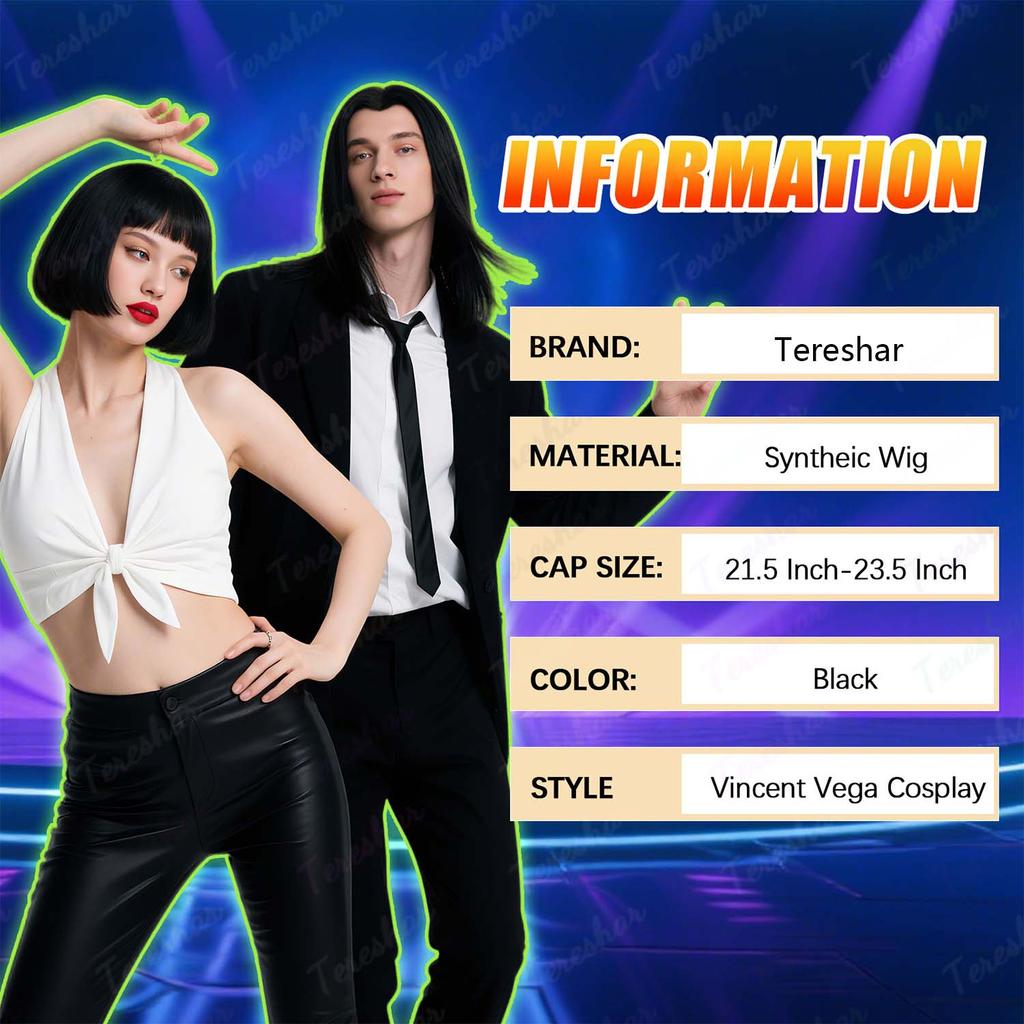 Synthetische Herrenperücke Kurz Gerade Schwarz Perücke 70er Jahre Vintage Vincent Vega Cosplay Perücke 80er Jahre Halloween Kostüm Cosplay Party Spaß Perücke