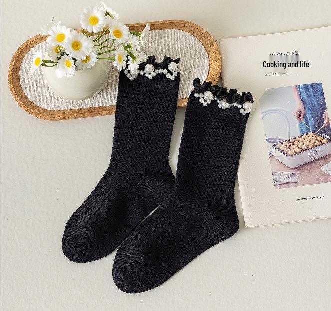 Children's Lace Pearl Mid-Calf Princess Socks - Spring/Autumn Retro Solid Color for Girls