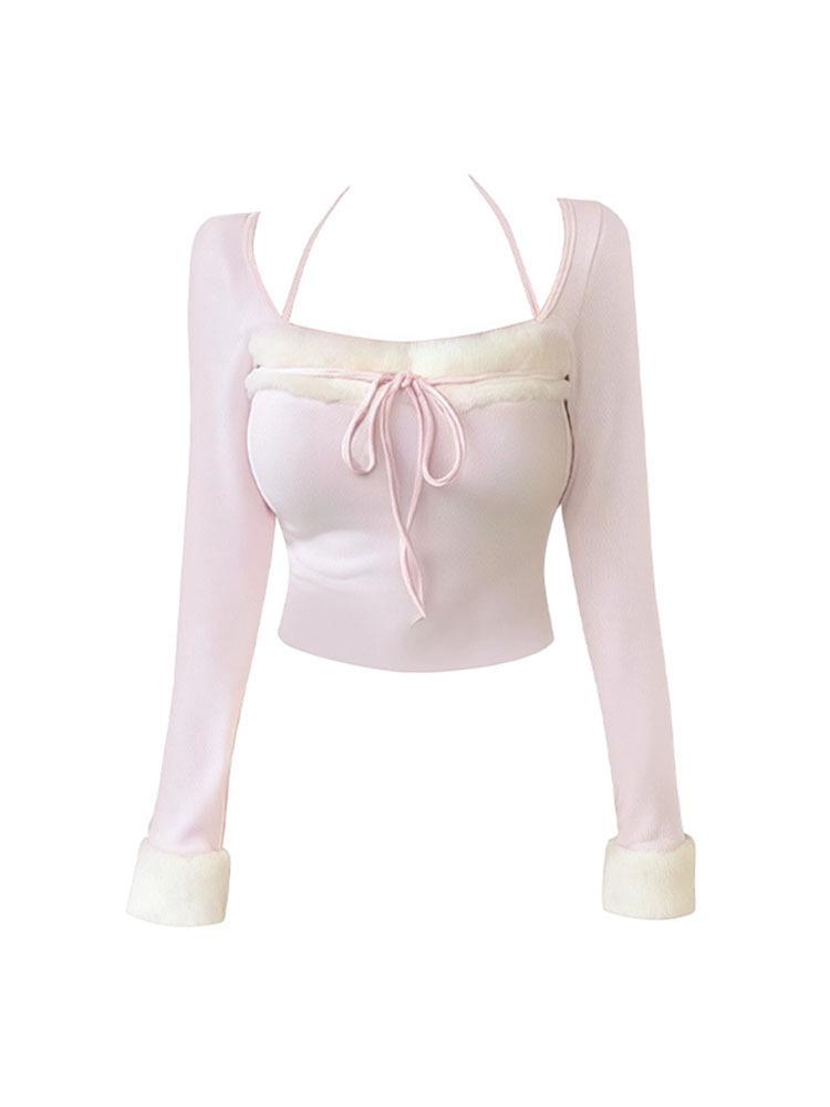 

Women s Pink Fur Patchwork Square Neck Long Sleeve Slim Fit Top Extra Large