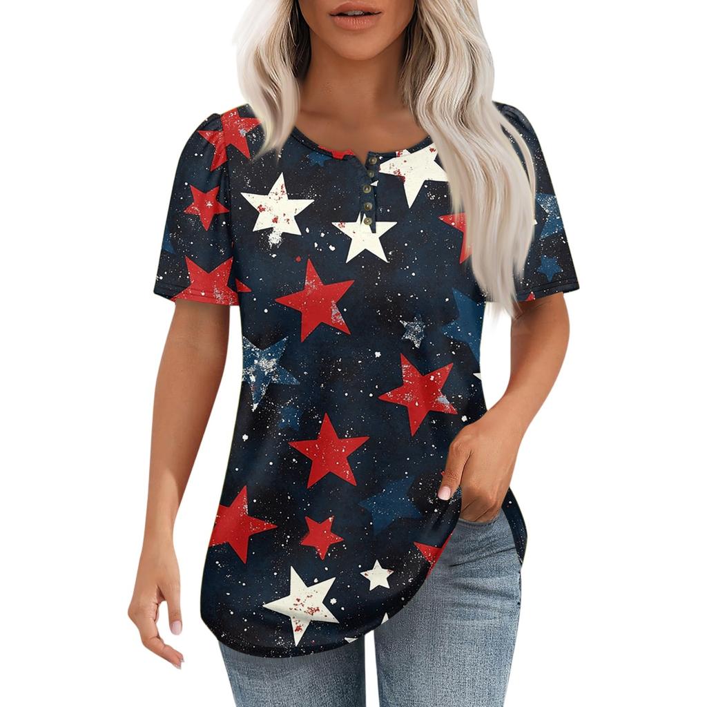 Modisches, lässiges Pullover-Oberteil mit kurzen Ärmeln und Knopfleiste und Rundhalsausschnitt für Damen