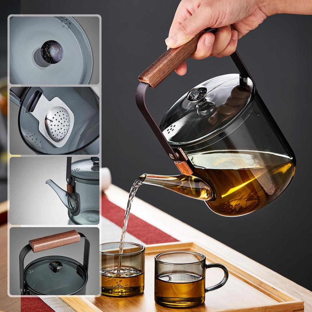 Pokaro Tea Glass Design with Wooden Transparent Teapot for Black Green Craft and Herbal Perfect for Hot Water and Gifts Heat-Resistant Teapot, 1100ml,