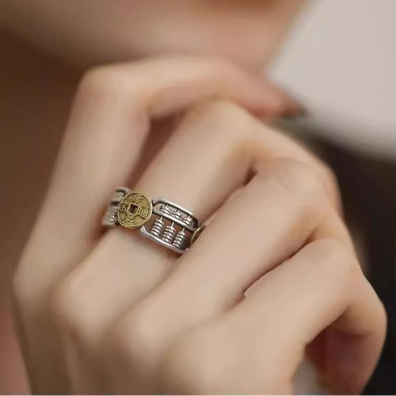 Retro copper coin abacus bead ring, women's and men's national trend ethnic style, adjustable opening