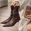 Stylish Retro Pointed High-heeled Short Boots for Women, Autumn Thin-heeled Kittens and Soft Leather Pile Boots for Women