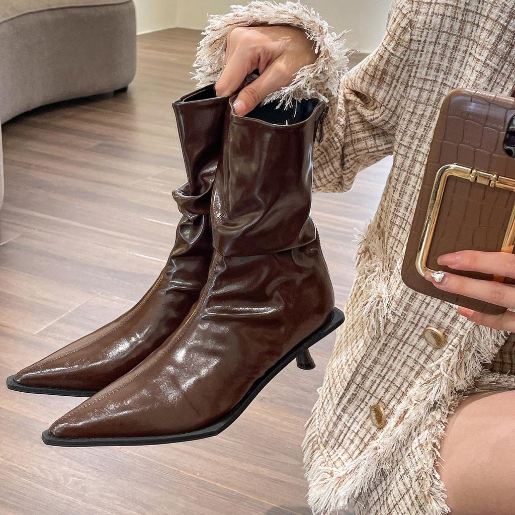 Stylish Retro Pointed High-heeled Short Boots for Women, Autumn Thin-heeled Kittens and Soft Leather Pile Boots for Women