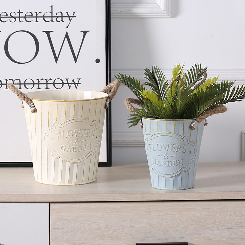 Vintage White Metal Planter Pot with Rope Handles 21cm Tall Drainage Hole Retro Style Flower Pot