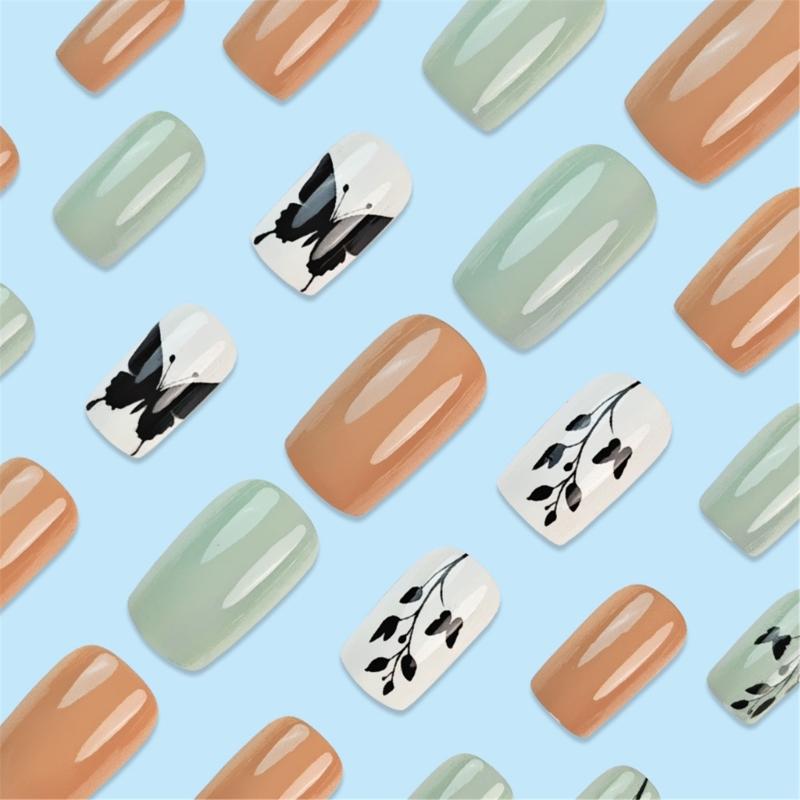 Square Press on Nail French Tip Fake Nail Glues on Nail Leaves Artificial Nail