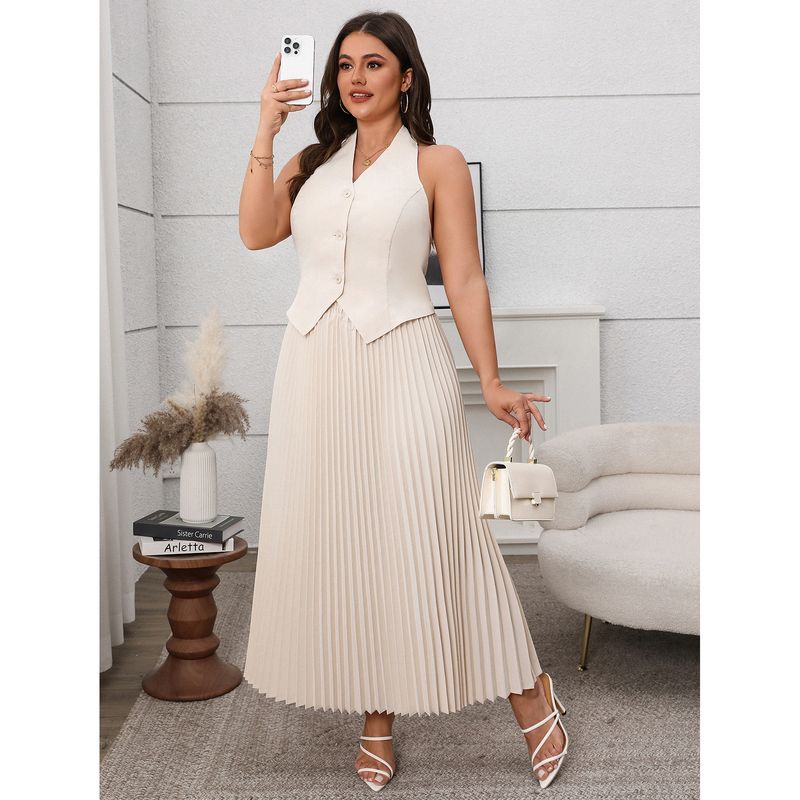 

Fashion Spring and Summer Sleeveless V Neck Women s Vests Elegant Silm Pure Color Long Dress Suit Apricot color XXL
