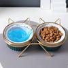 Set of 2 x 300ml double bowl for cat and dog on a stand, ceramic, gold ears, PetJet