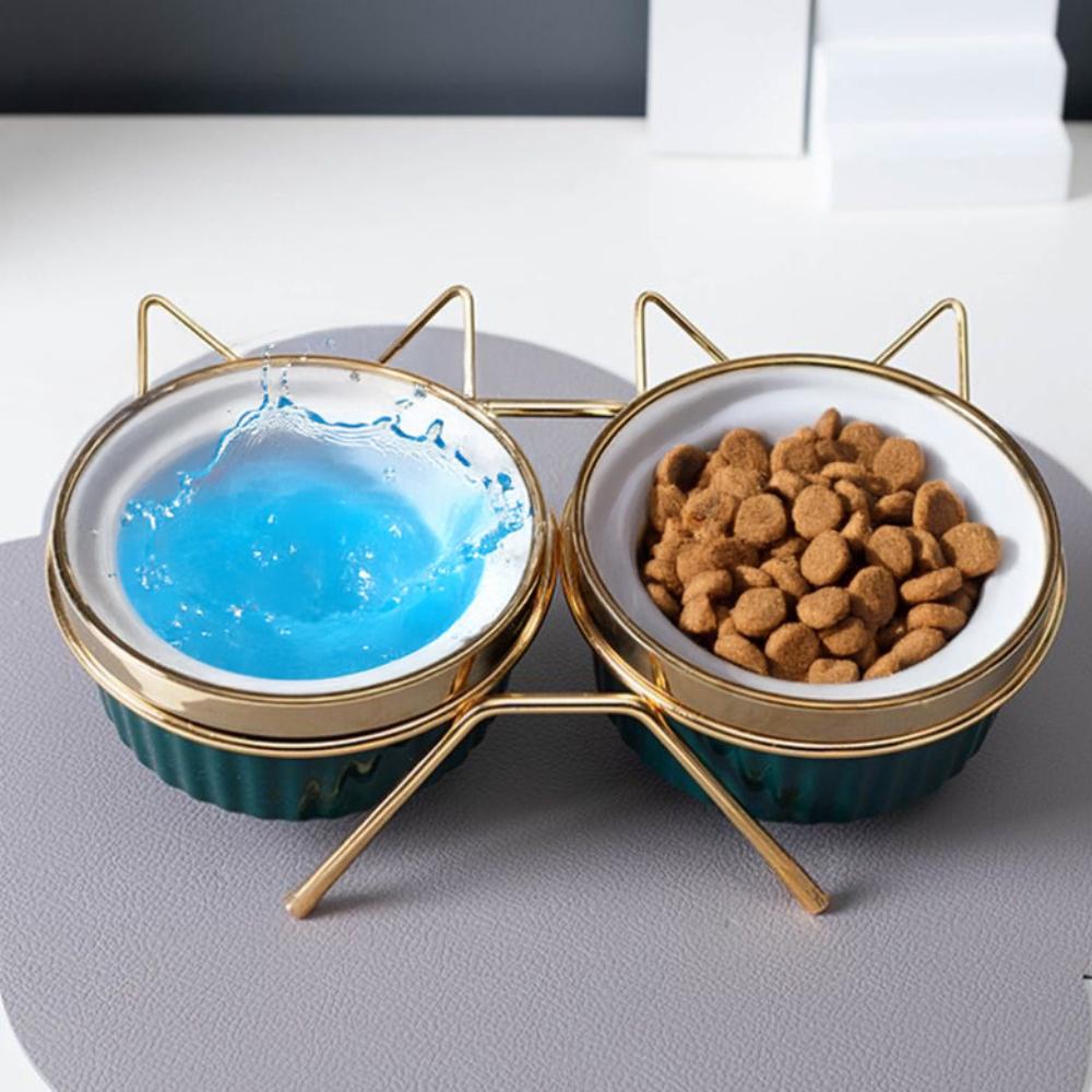 Set of 2 x 300ml double bowl for cat and dog on a stand, ceramic, gold ears, PetJet