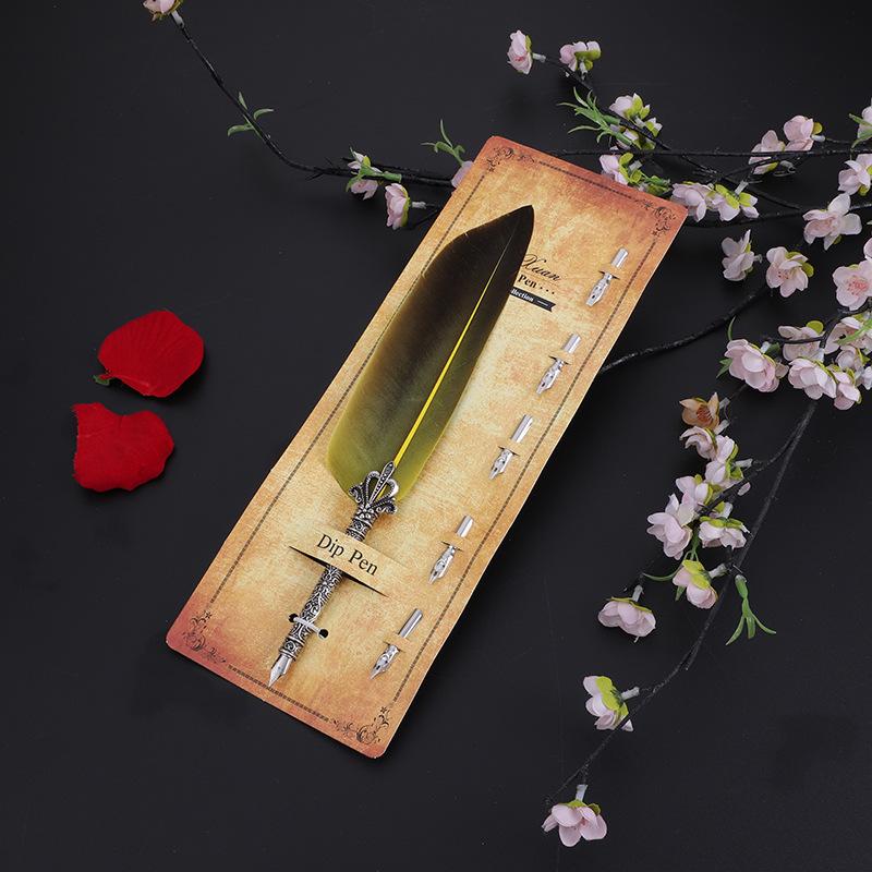 Retro Mechanical Calligraphy Feather Pen Set Glittering Quill Dip Pen Antique Metal Calligraphy Tool