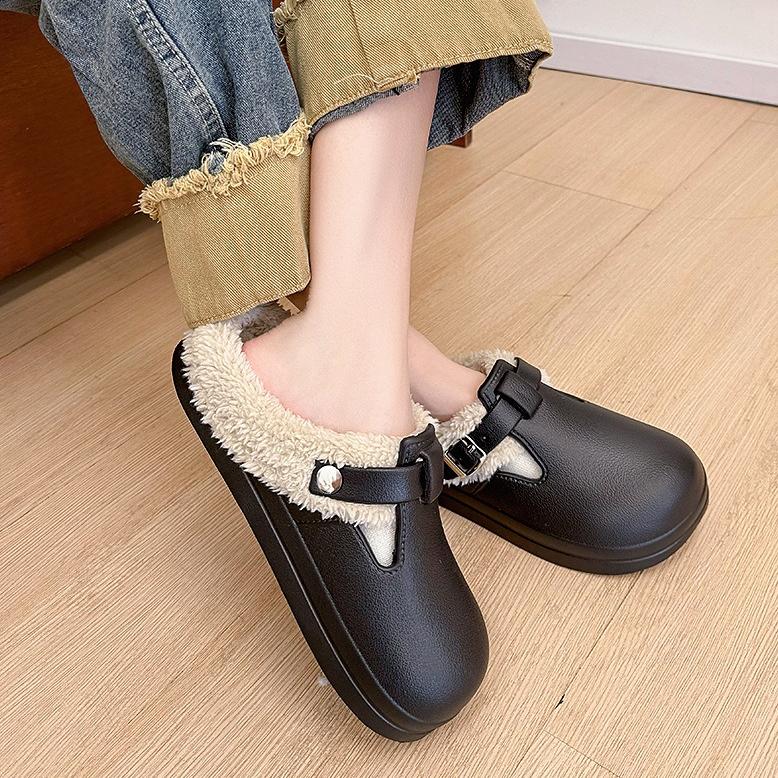 Autumn Winter Fur Clog Slippers Women 2026 Lightweight Non Slip Indoor Cotton Slippers Woman Buckle Decor Soft Sole Birken Shoes