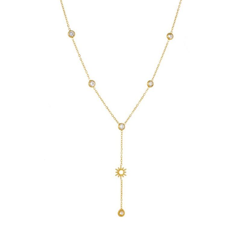 Gold Sun Charm Y-drop Necklace with Crystal Accents