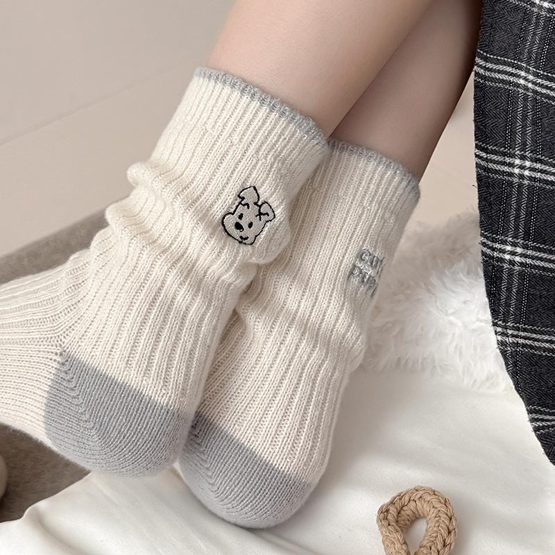 Embroidery Cartoon Socks Stacking Socks Season Fleece Thickened Warm Wool Socks Ab Cute Medium Tube Socks Women