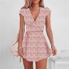 Summer Women Beach Sexy V-neck Sweet Short Sleeved High Waist Skirt Floral Sundress Dress