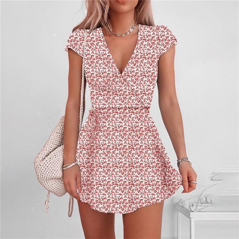 Summer Women Beach Sexy V-neck Sweet Short Sleeved High Waist Skirt Floral Sundress Dress