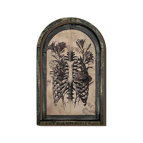 Dark Floral Halloween Art Arched Wooden Wall Decor, Ghost Cat Double-Layer Hanging Ornament, Distressed Gothic Medieval Window Style Decor Tabletop