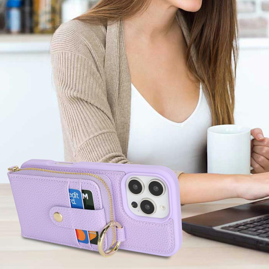 For iPhone 16 Pro Max Case with Zipper Pouch/Ring Kickstand/Strap Litchi Texture PU + TPU Phone Cover