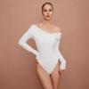 European and American Spring and Autumn V-neckline Shoulder Pleated Long Sleeved Tight Fitting Jumpsuit for Women