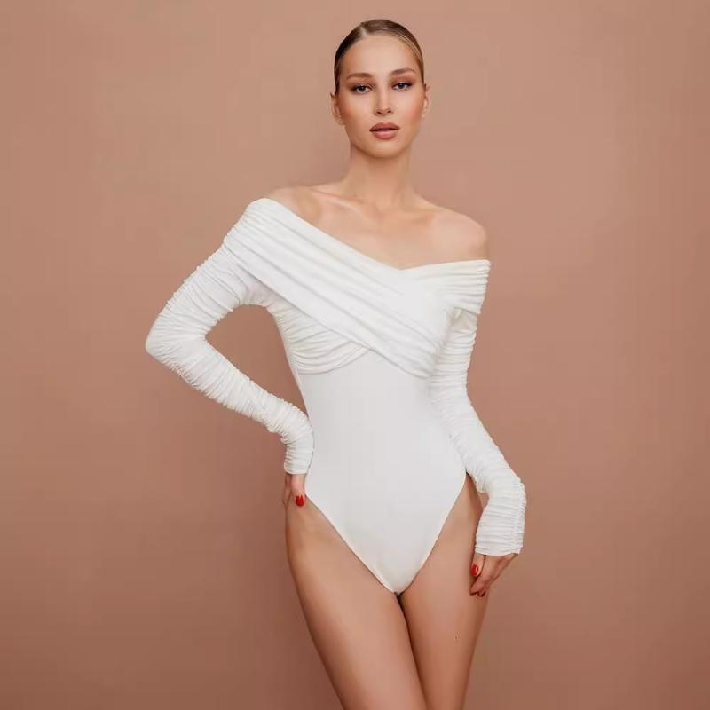 European and American Spring and Autumn V-neckline Shoulder Pleated Long Sleeved Tight Fitting Jumpsuit for Women