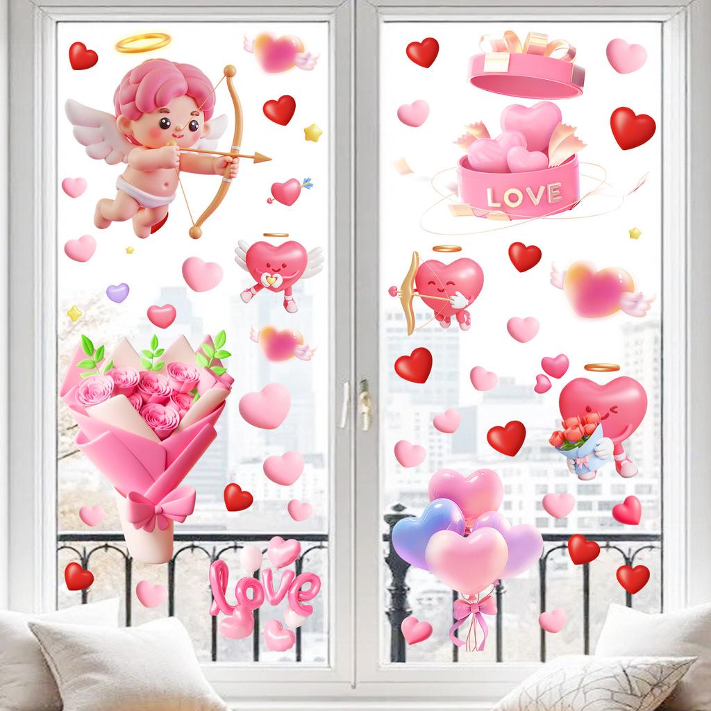 Valentinstag Herzförmiger Blumenengel Schlafzimmer Wohnzimmer Balkon Festliche Dekorationen Glas Statisch haftende Aufkleber