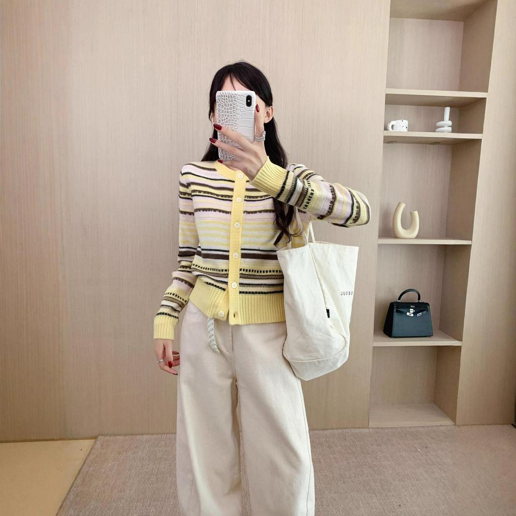 Merino Wool Color-Block Cardigan Sweater for Women - Spring/Autumn Temperament Top