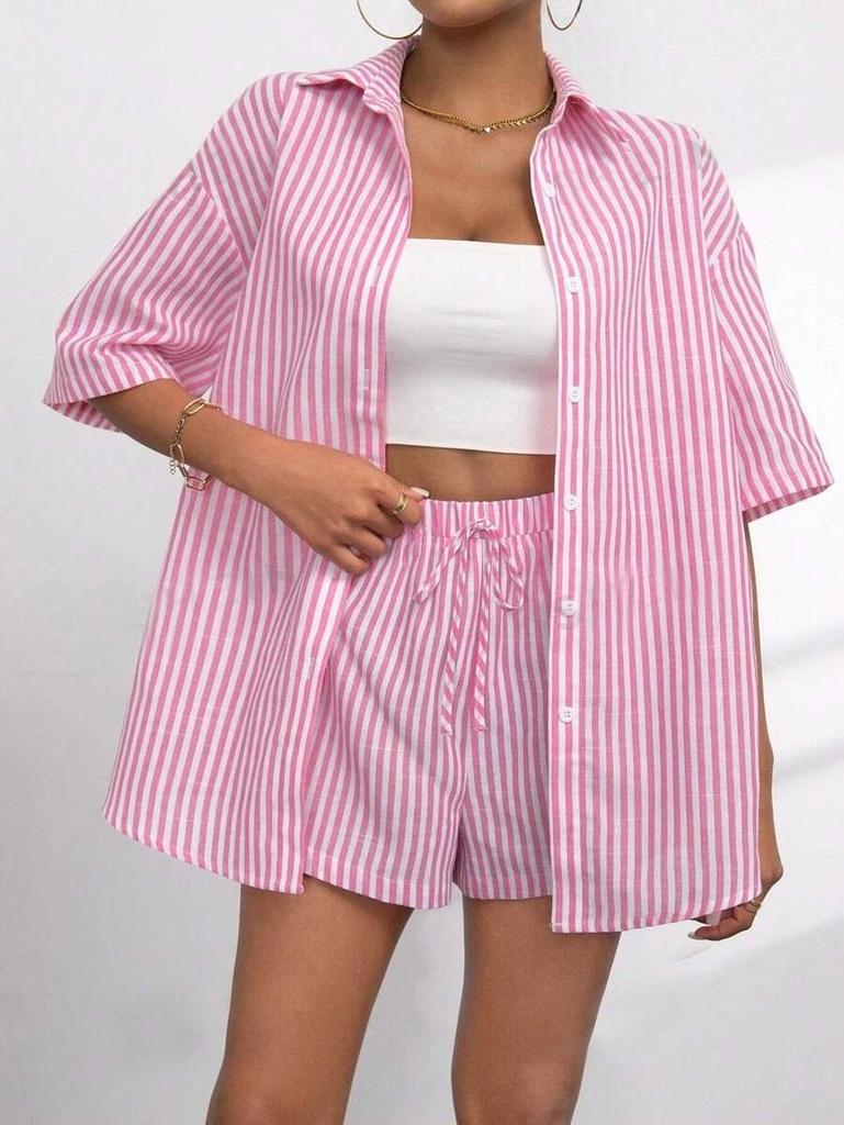 European-American 2026 Summer Fashion Striped Lapel Short-Sleeve Top & Short-Pants Casual Women's Two-Piece Set