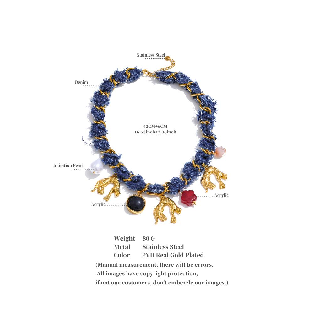 Eetit Statement Blauer Denim Kette Perle Acryl Blume Tropfen Anhänger Halskette Edelstahl Vintage Herbst&Winter Kragen Schmuck