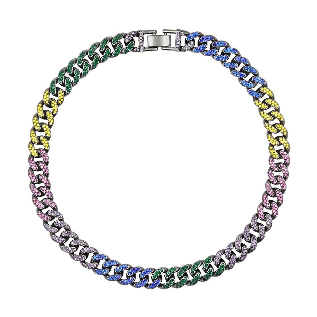 JEWELRY TAKEDA Iced Out Rainbow Cuban Chain Necklace with Black Wide Streetwear 14mm Length Rhinestones, Plated, Chain, Men's Accessory, Width,