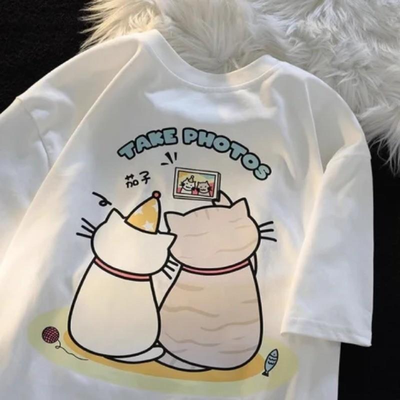 

Summer Cartoon Two Cats Cute Printed Short Sleeve Tshirt Loose Fashion Fashion Unisex and Women with The Same Crewneck Top S