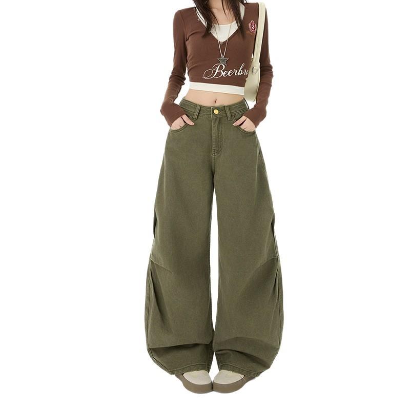 American Retro Military Green Tooling Scimitar Jeans Women's Autumn and Winter New Relaxed High-waisted Loose Wide-leg Pants