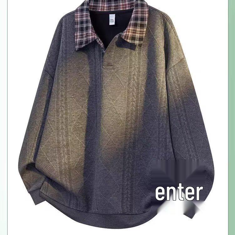 Men s Retro Color Block Plaid Long Sleeve Heavyweight Polo Collar Hoodie XL серый