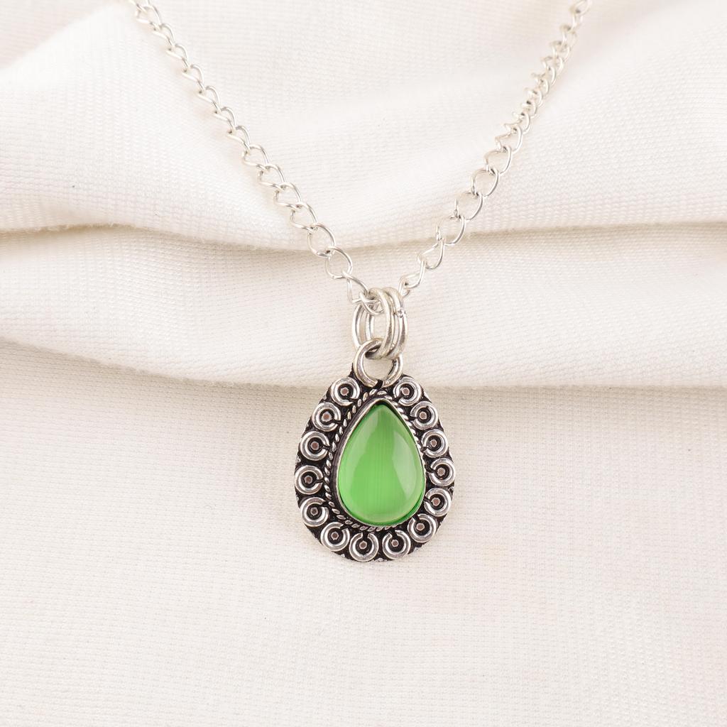 Green Cat's Eye Gemstone Jewelry, 925 Solid Sterling Silver Pendant, Handmade Meditation Silver Pendant For Wedding Gift