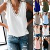Womens Summer Sleeveless Button Shirts Casual Pure Color V-Neck Tank Tops Ladies Loose T-shirts Lace Blouses